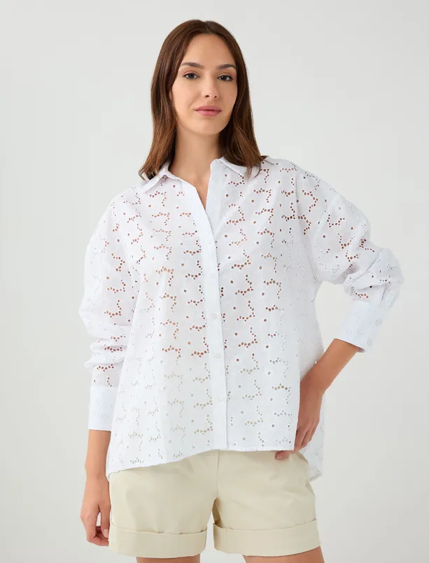 Women White 100% Cotton Relaxed Fit Long Sleeve Patterned Shirt