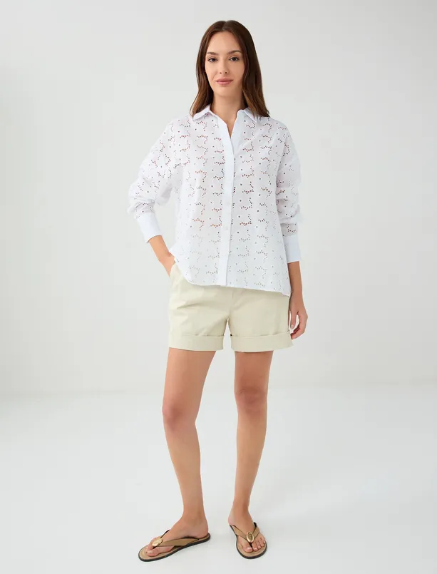 Women White 100% Cotton Relaxed Fit Long Sleeve Patterned Shirt