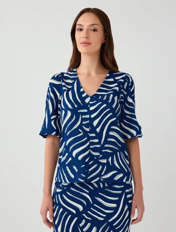 Women Dark Blue V Neck Elbow Sleeve Patterned Woven Shirt