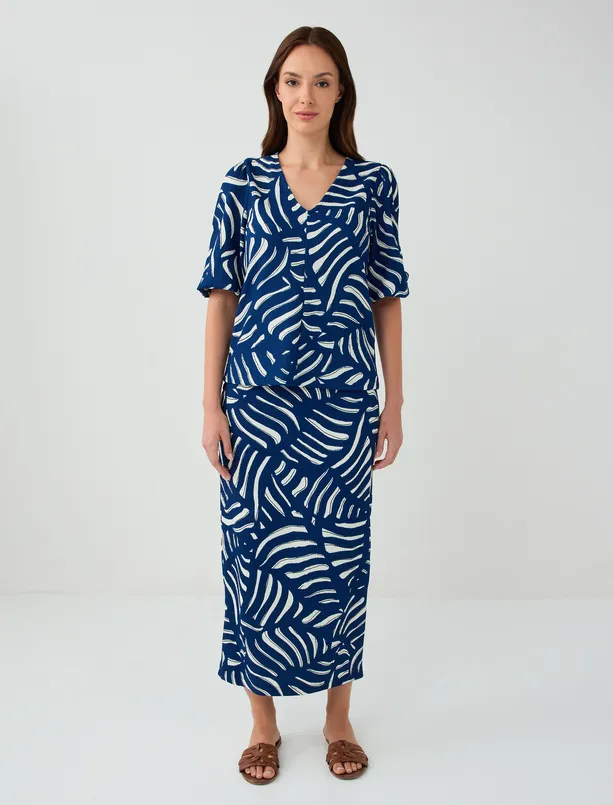 Women Dark Blue V Neck Elbow Sleeve Patterned Woven Shirt
