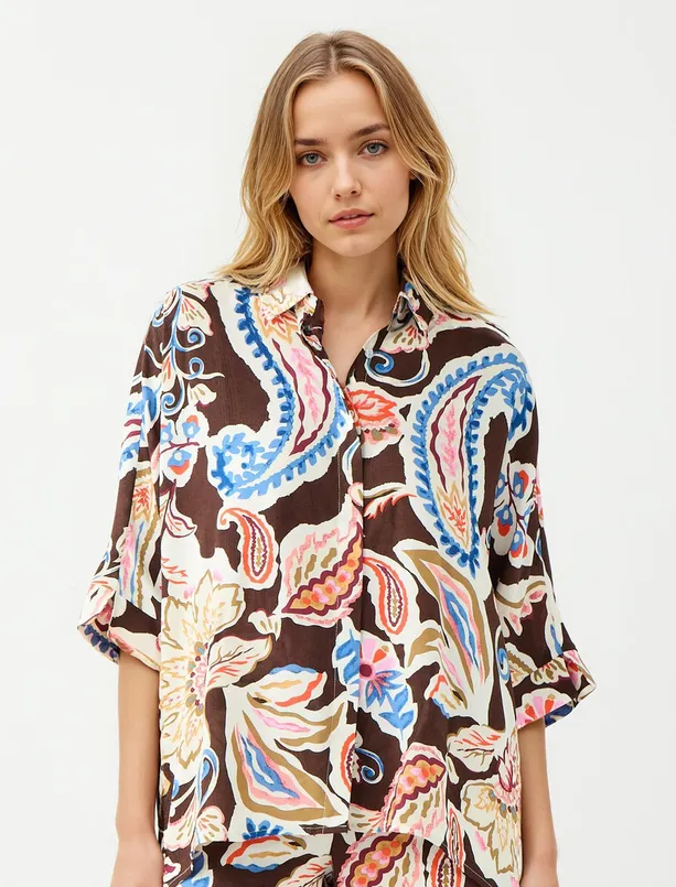 Women  Relaxed Fit Trouser Sleeve Floral Patterned Shirt