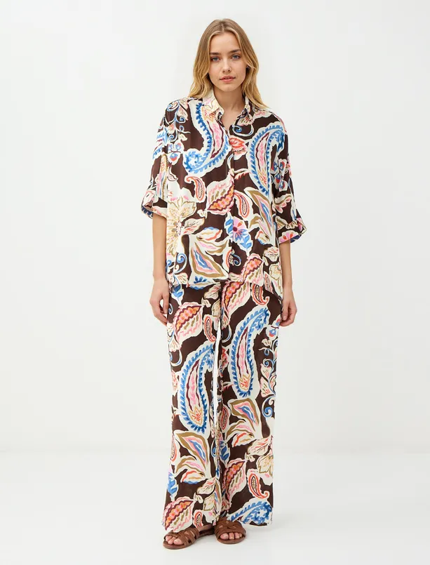 Women Brown Relaxed Fit Trouser Sleeve Floral Patterned Shirt