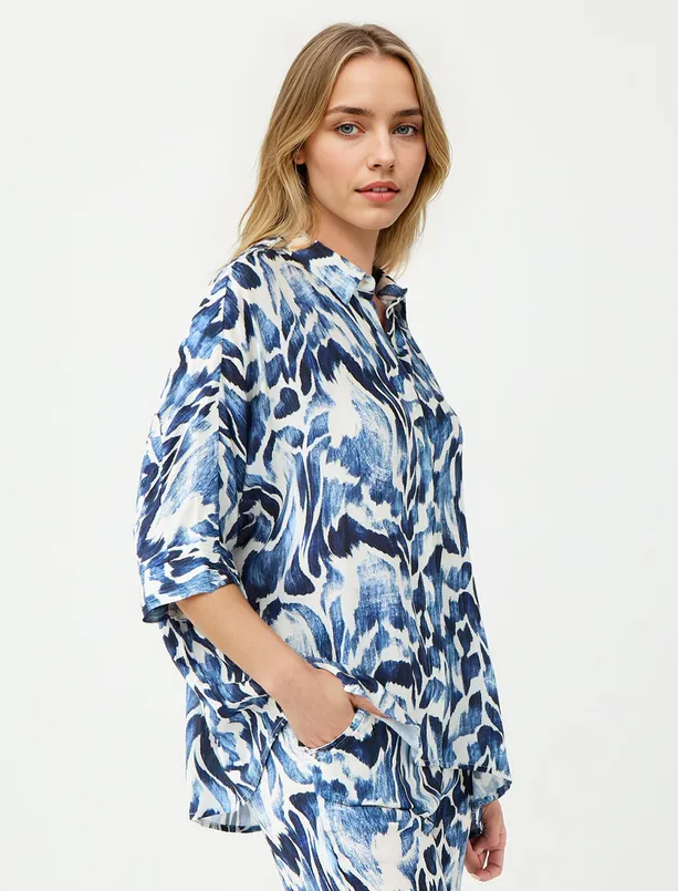 Women Dark Blue Relaxed Fit Trouser Sleeve Patterned Shirt