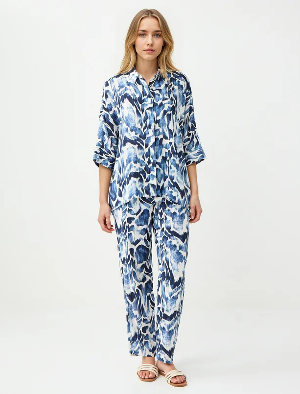 Women Dark Blue Relaxed Fit Trouser Sleeve Patterned Shirt