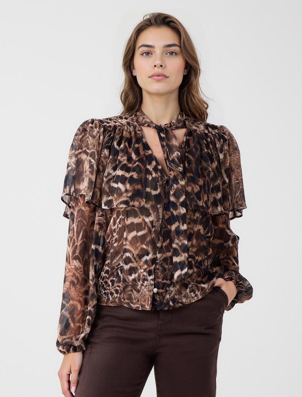 Leopar Desenli V Yaka Uzun Kollu Şifon Gömlek