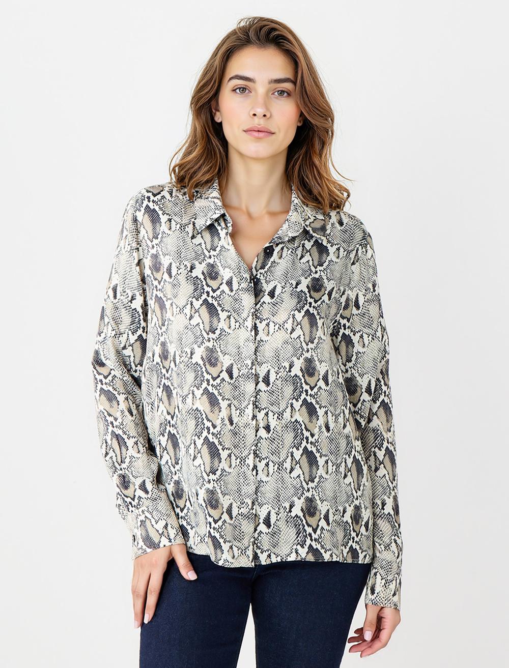 Yılan Desenli Uzun Kollu Dokuma Gömlek