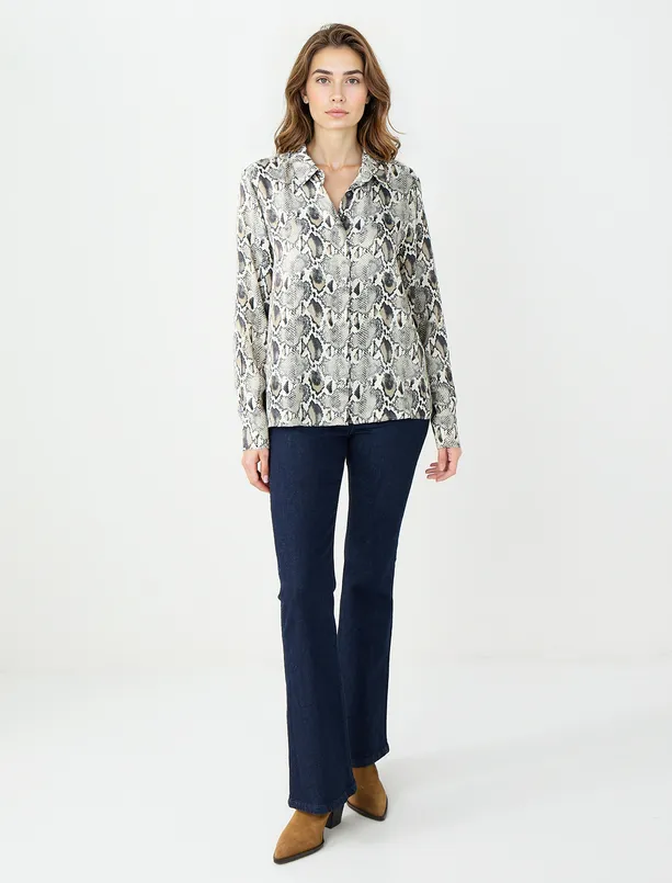 Women Black Snake Patterned Long Sleeve Woven Shirt
