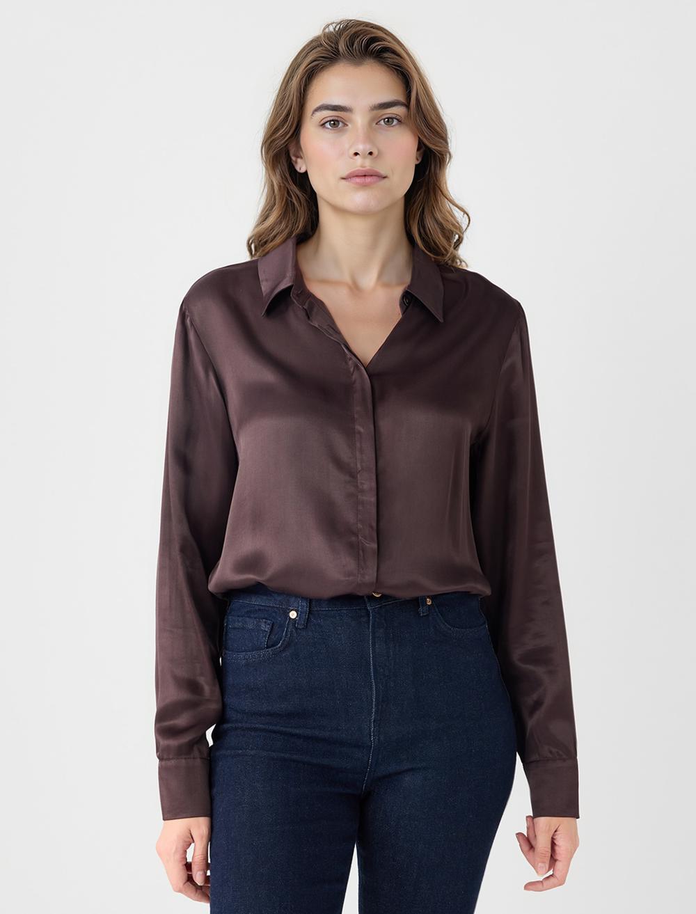 Rahat Kesim Uzun Kollu Saten Gömlek