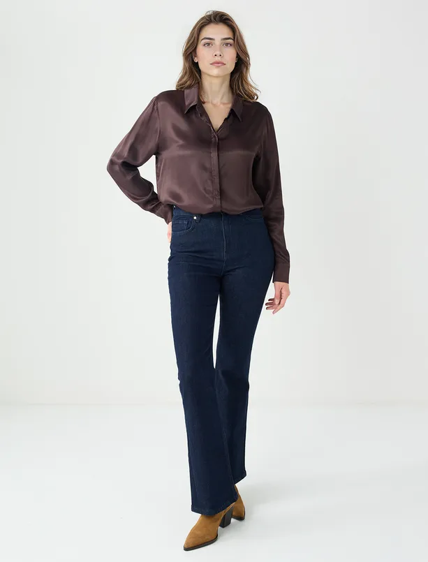 Bayan Kahverengi Rahat Kesim Uzun Kollu Saten Gömlek