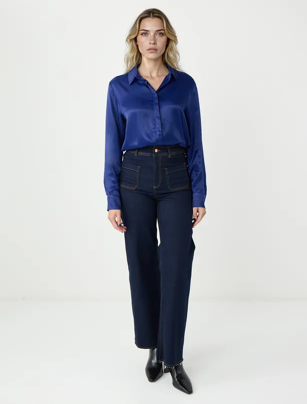 Bayan Lacivert Rahat Kesim Uzun Kollu Saten Gömlek