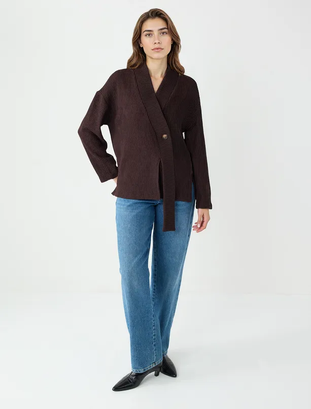 Bayan Kahverengi V Yaka Uzun Kollu Düğme Detaylı Örme Hırka