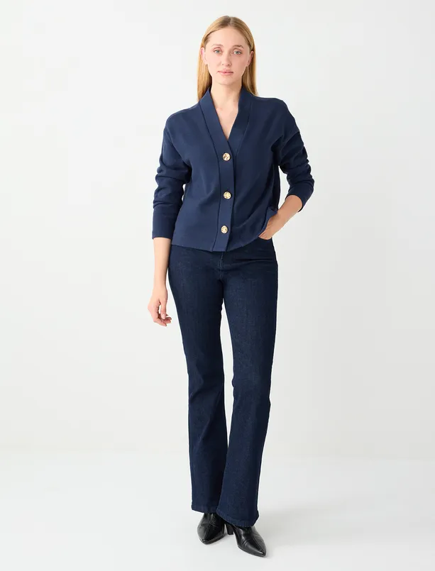 Women Dark Blue Relaxed Fit V-Neck Soft Textured Knitted Cardigan