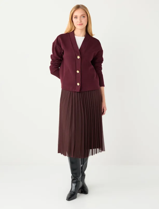 Bayan Bordo Rahat Kesim V Yaka Yumuşak Dokulu Örme Hırka