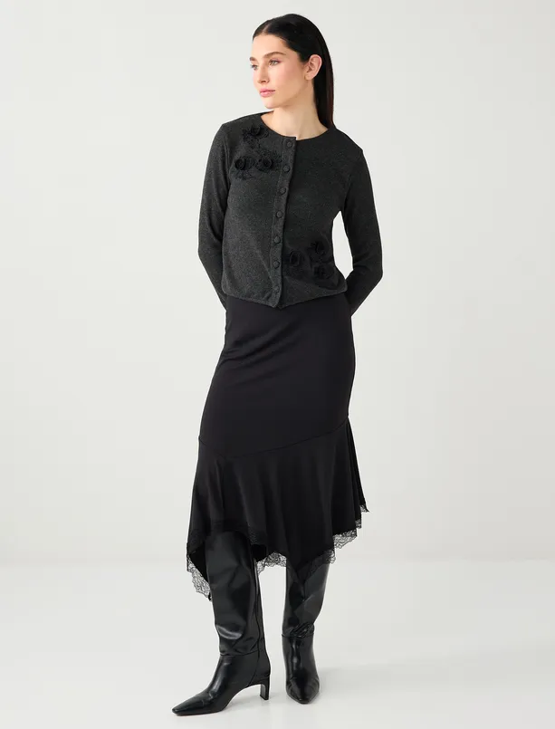 Bayan Antrasit Melanj Nakış Detaylı Yumuşak Dokulu Örme Hırka