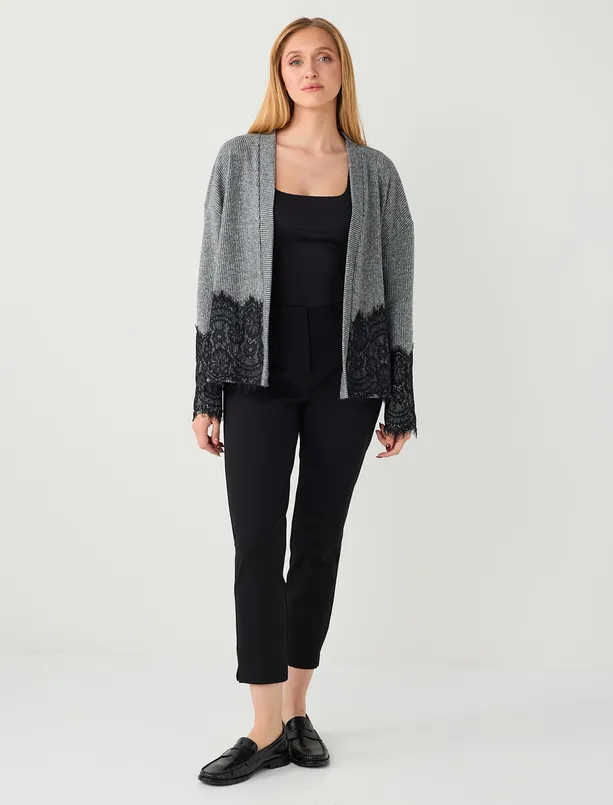 Bayan Antrasit Rahat Kesim Uzun Kollu Dantel Detaylı Örme Hırka