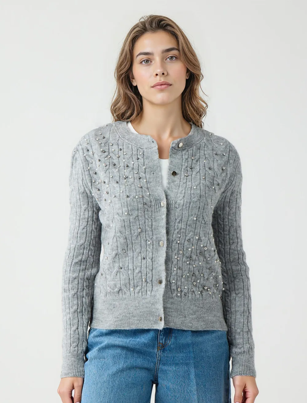 Round Neck Stone Detailed Wool Blend Sweater Cardigan