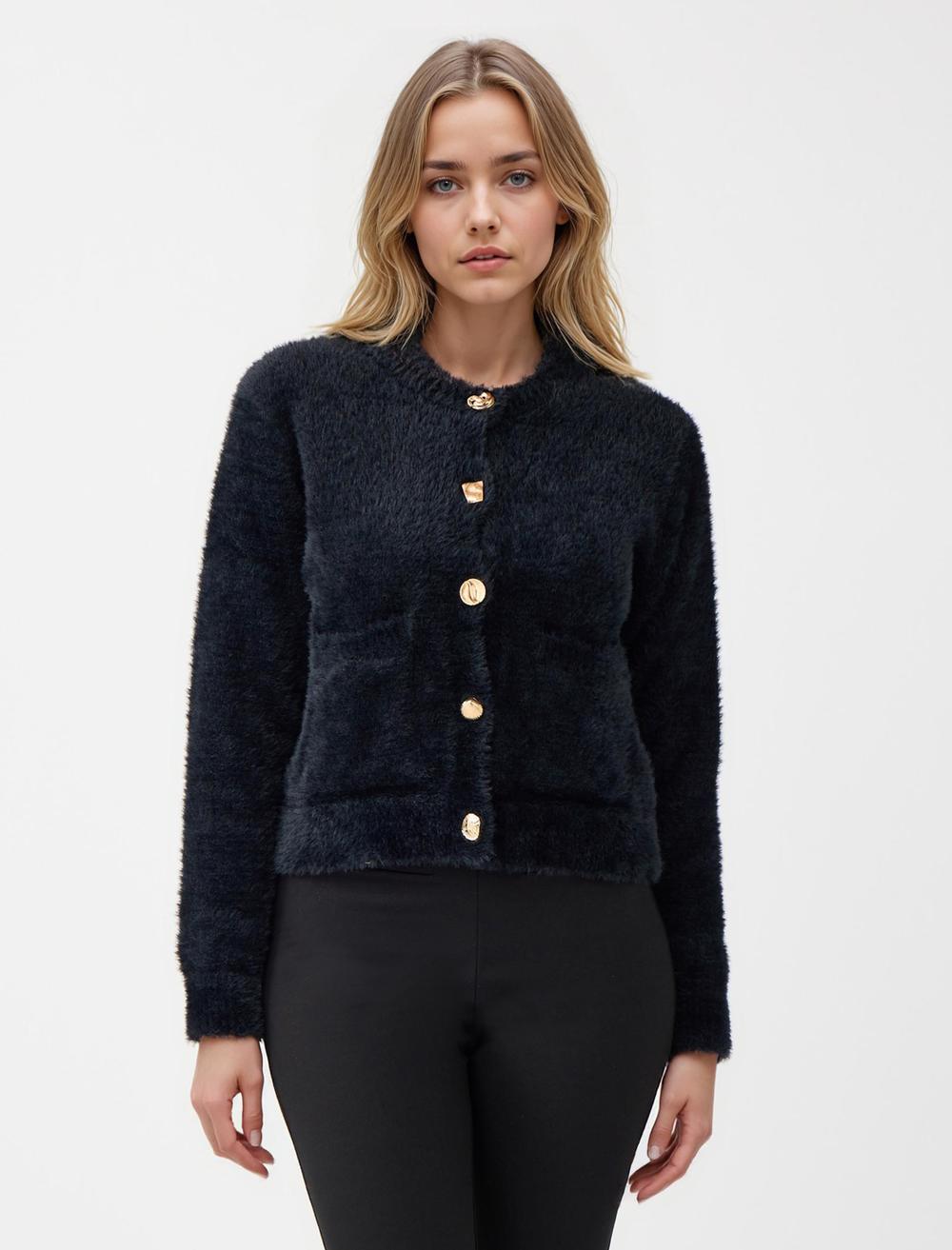 Yuvarlak Yaka Parlak Düğmeli Triko Hırka