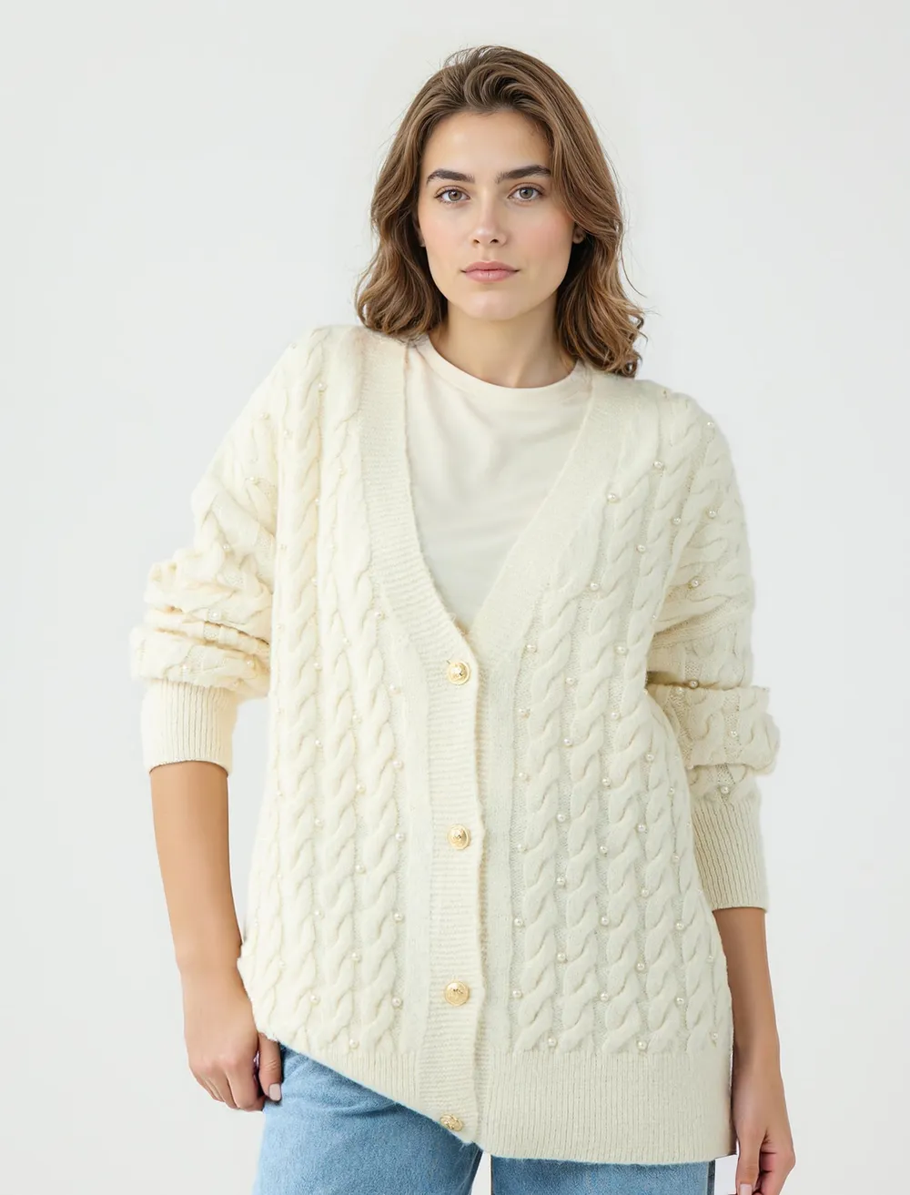 V-Neck Loose Fit Pearl Detailed Sweater Cardigan