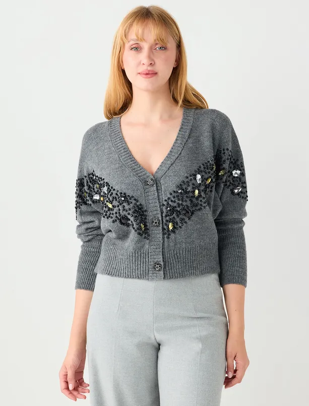 Women  Long Sleeve Stone Embroidered Buttoned Sweater Cardigan