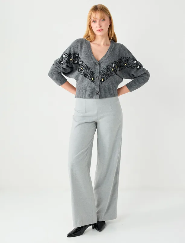 Women Grey Long Sleeve Stone Embroidered Buttoned Sweater Cardigan