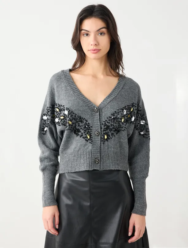 Women  Long Sleeve Stone Embroidered Buttoned Sweater Cardigan