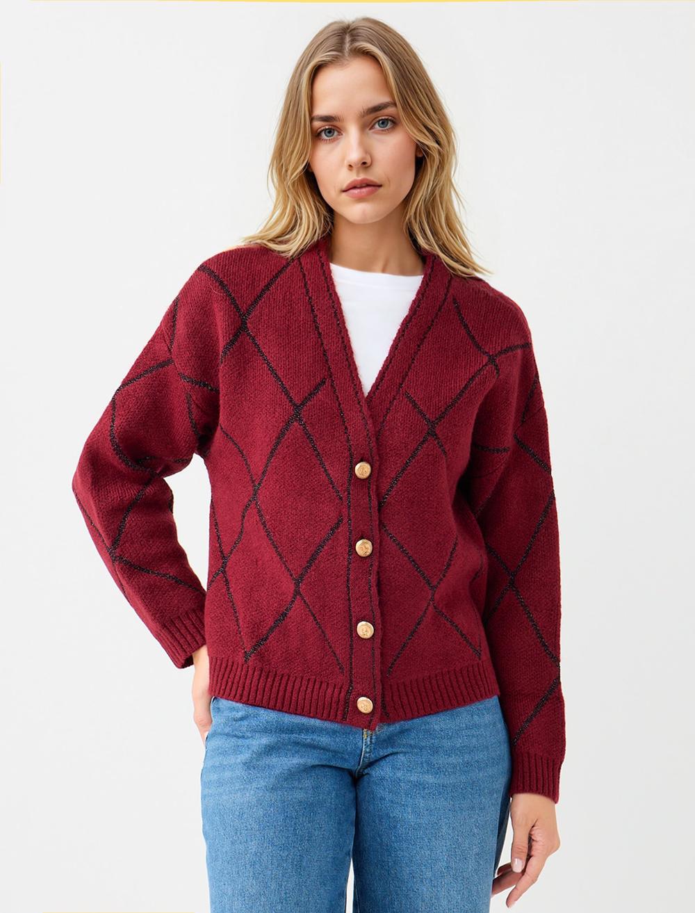 V Yaka Baklava Desenli Triko Hırka