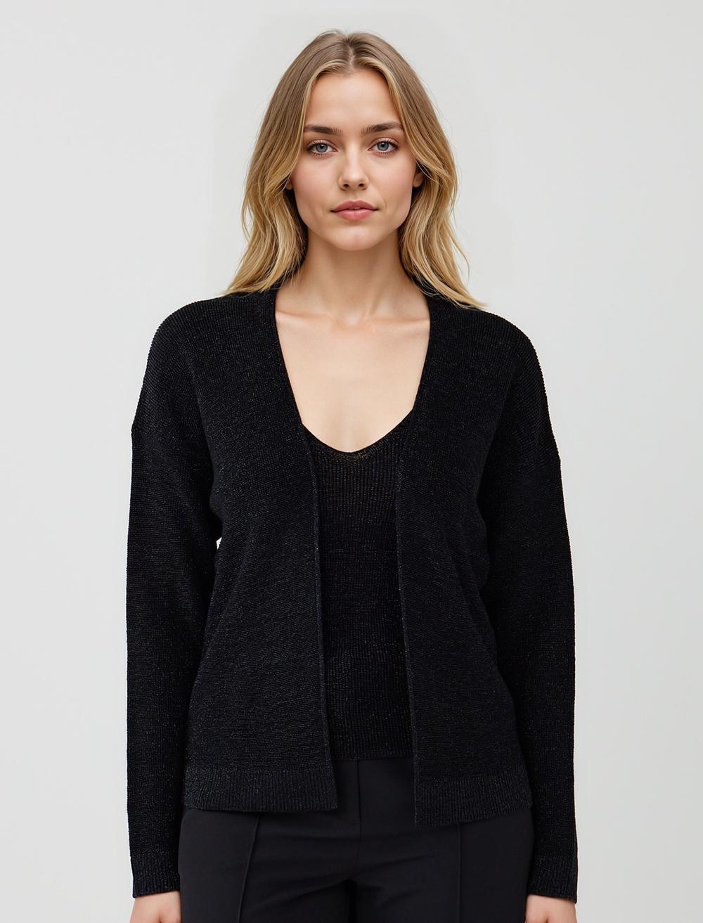 Düz Kesim Açık Yaka Simli Triko Hırka