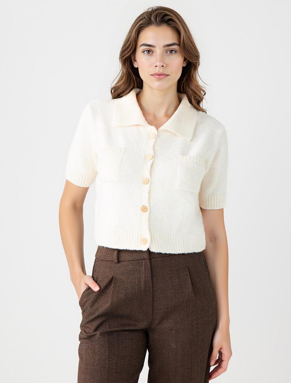 Gömlek Yaka Kısa Kollu Triko Hırka