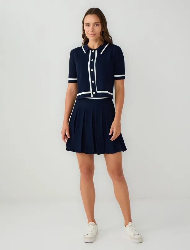 Women Dark Blue Shirt Collar Elbow Sleeve Sweater Cardigan
