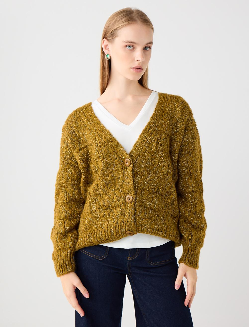 V Yaka Bol Kesim Simli Triko Hırka