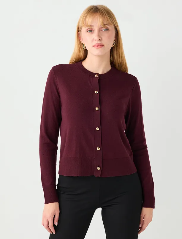 Bayan  Parlak Düğme Detaylı Yuvarlak Yaka Triko Hırka