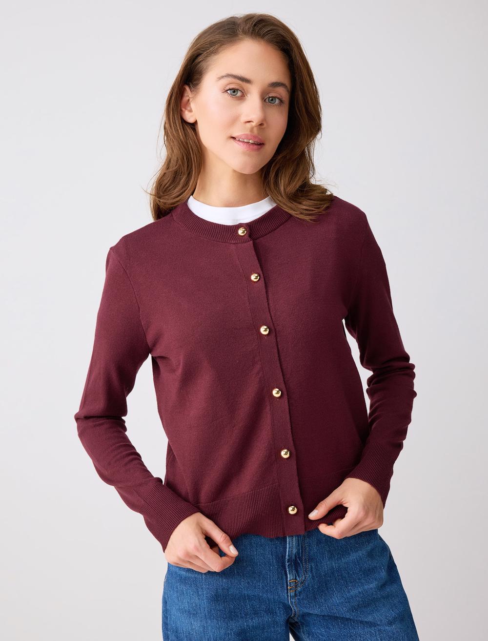 Parlak Düğme Detaylı Yuvarlak Yaka Triko Hırka