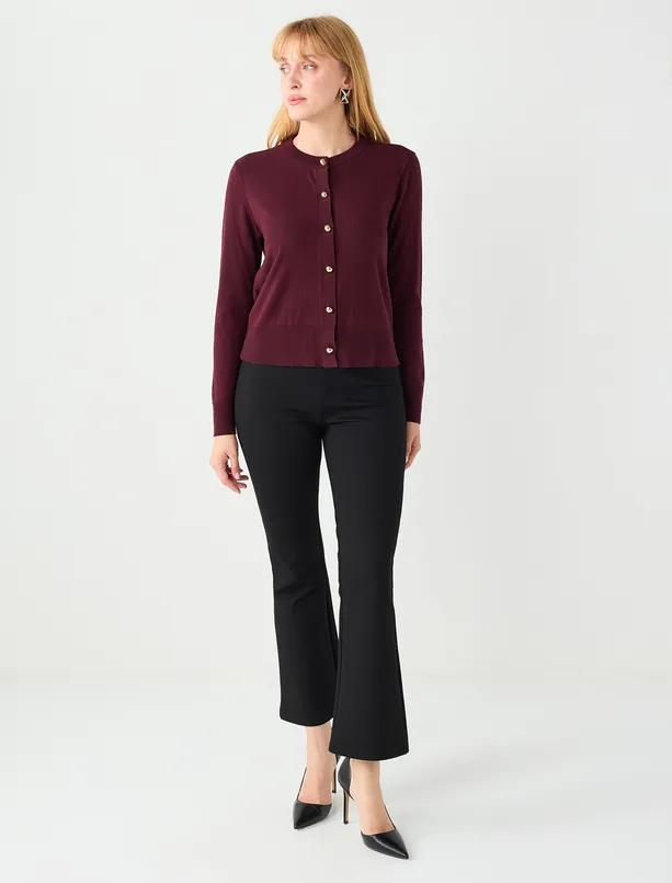 Bayan Bordo Parlak Düğme Detaylı Yuvarlak Yaka Triko Hırka