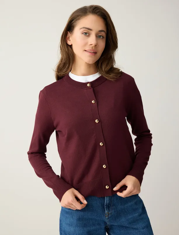 Bayan  Parlak Düğme Detaylı Yuvarlak Yaka Triko Hırka