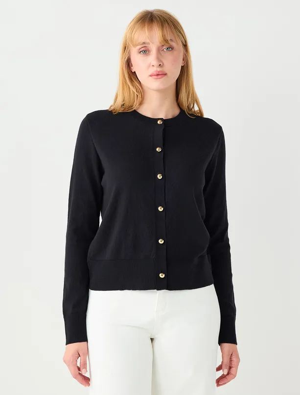 Bayan Siyah Parlak Düğme Detaylı Yuvarlak Yaka Triko Hırka