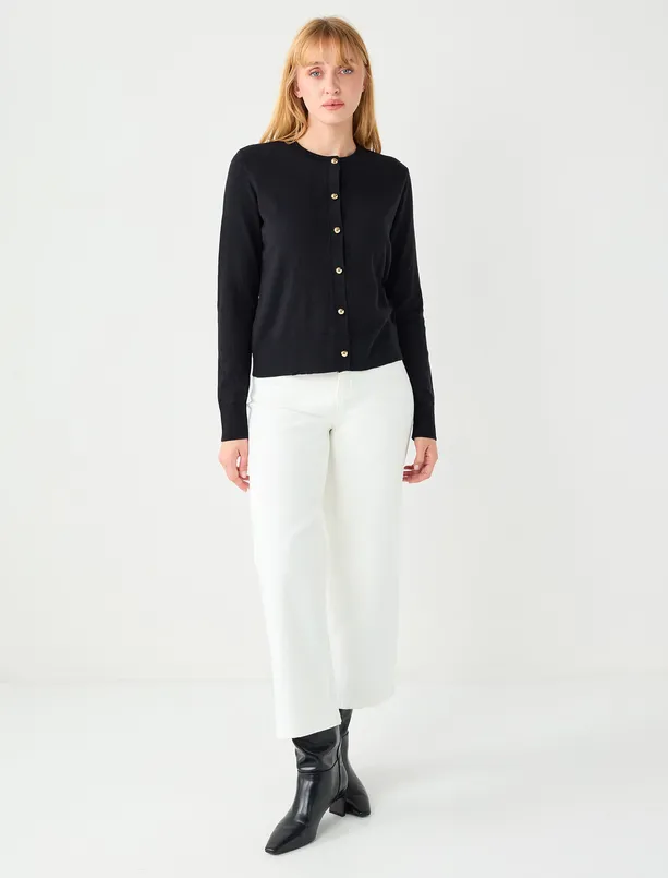 Bayan Siyah Parlak Düğme Detaylı Yuvarlak Yaka Triko Hırka