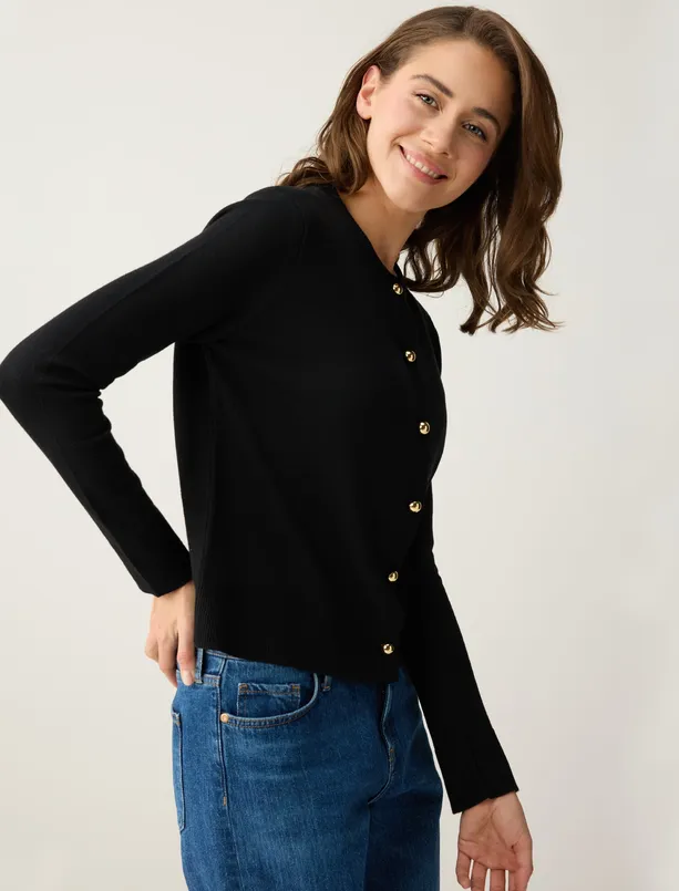 Bayan  Parlak Düğme Detaylı Yuvarlak Yaka Triko Hırka