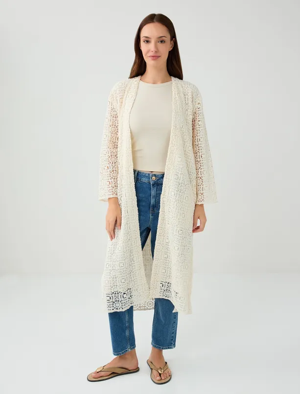Women  100% Cotton Open Collar Low Shoulder Lace Cardigan
