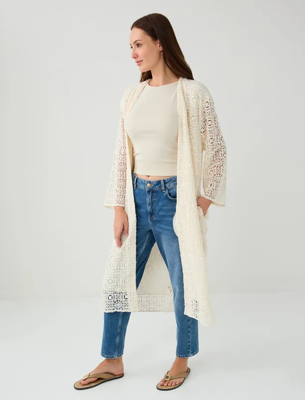 Women White 100% Cotton Open Collar Low Shoulder Lace Cardigan