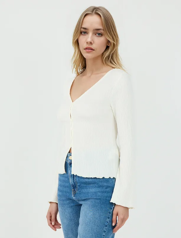 Women White V-Neck Long Sleeve Slim Fit Knitted Cardigan