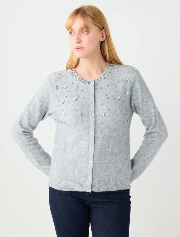 Bayan  Yuvarlak Yaka Parlak Taş Detaylı Triko Hırka