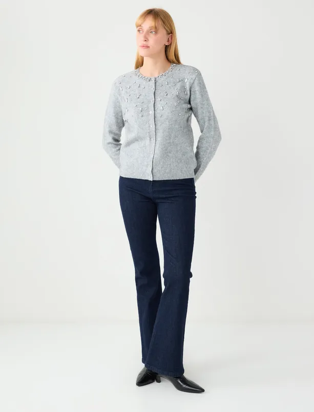 Bayan Gri Yuvarlak Yaka Parlak Taş Detaylı Triko Hırka