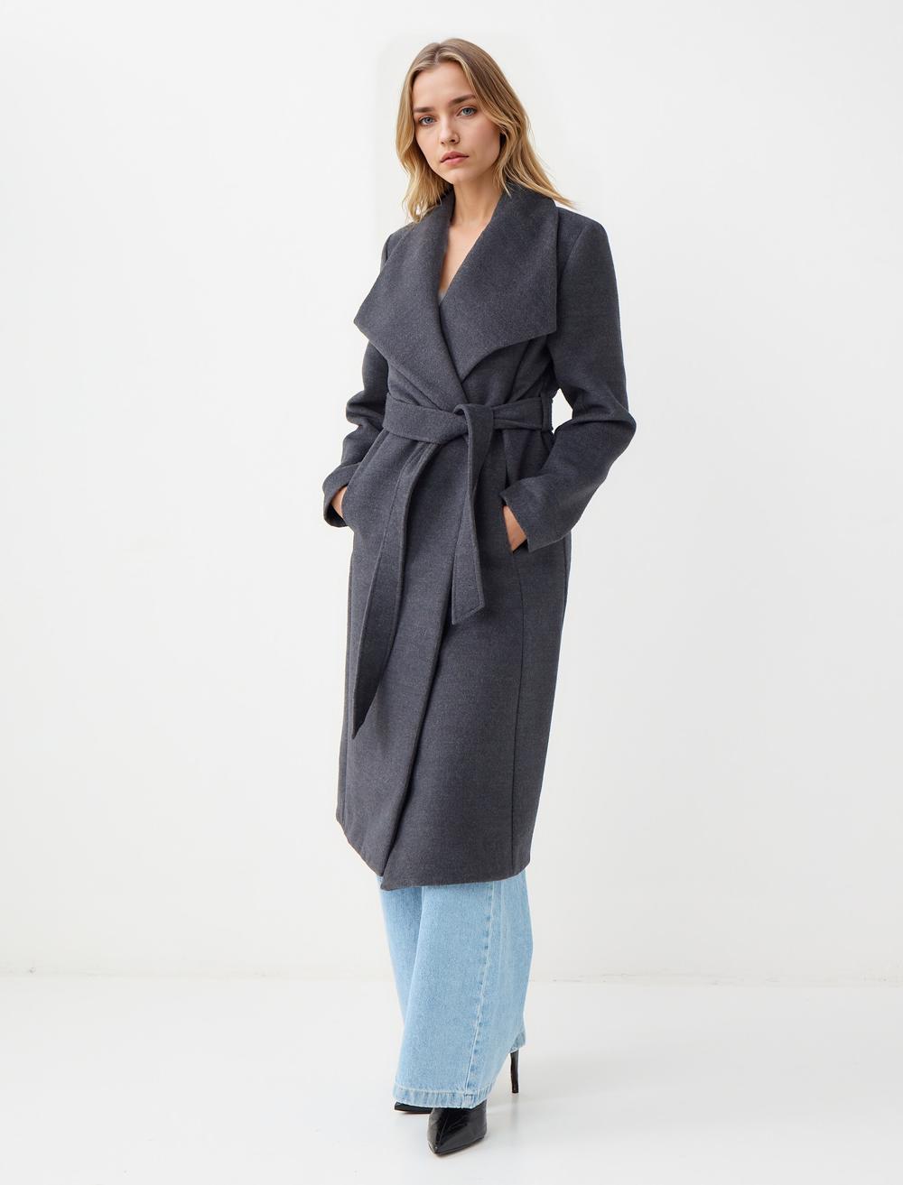 Düz Kesim Ceket Yaka Kemer Detaylı Kaşe Kaban