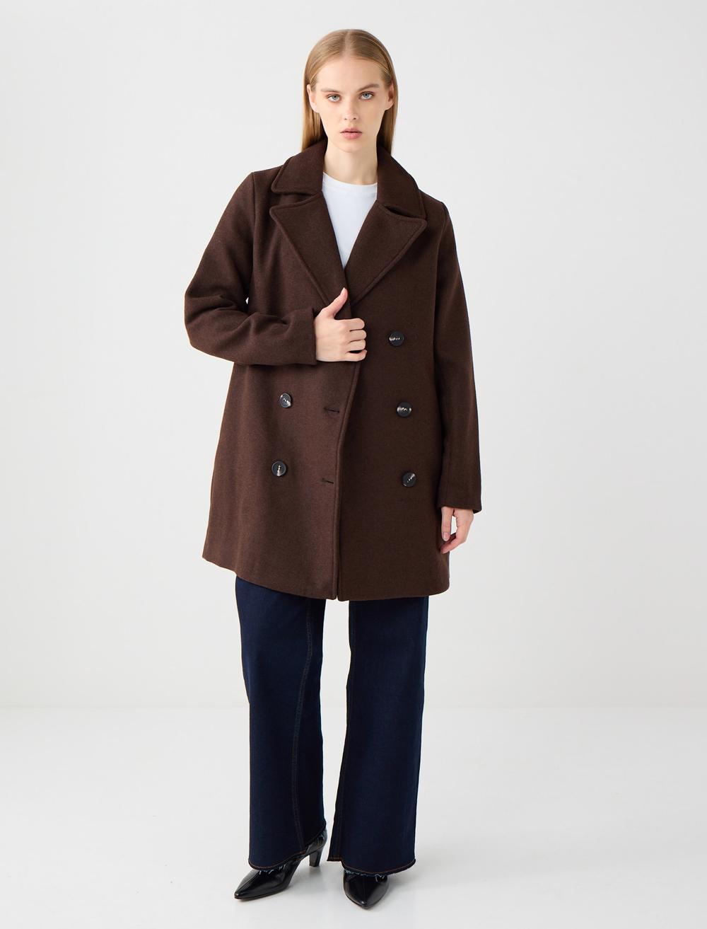 Düz Kesim Ceket Yaka Cep Detaylı Kaşe Kaban