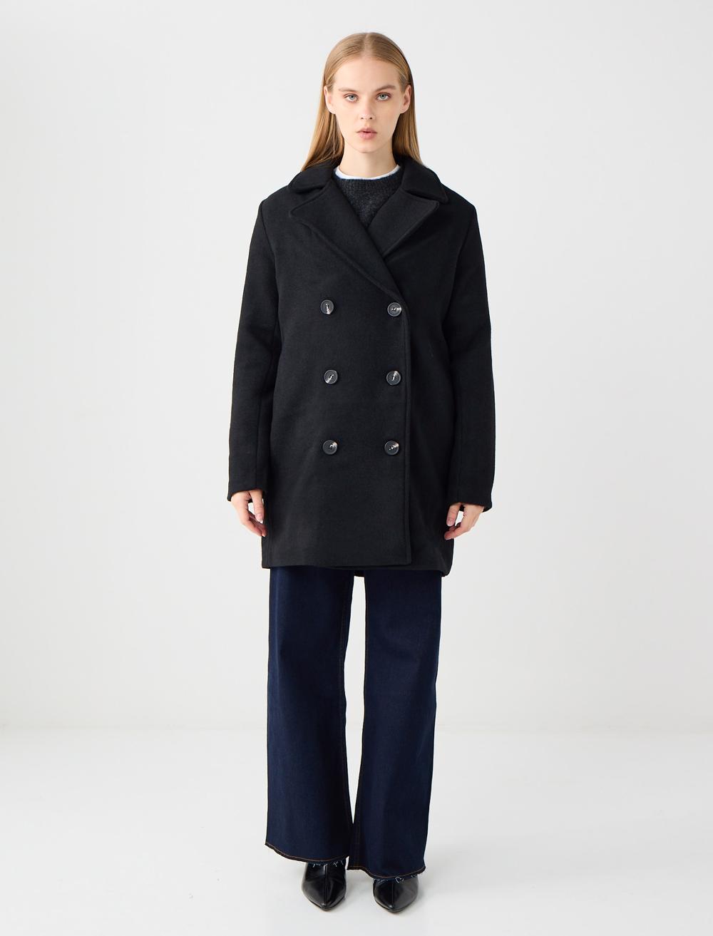 Düz Kesim Ceket Yaka Cep Detaylı Kaşe Kaban