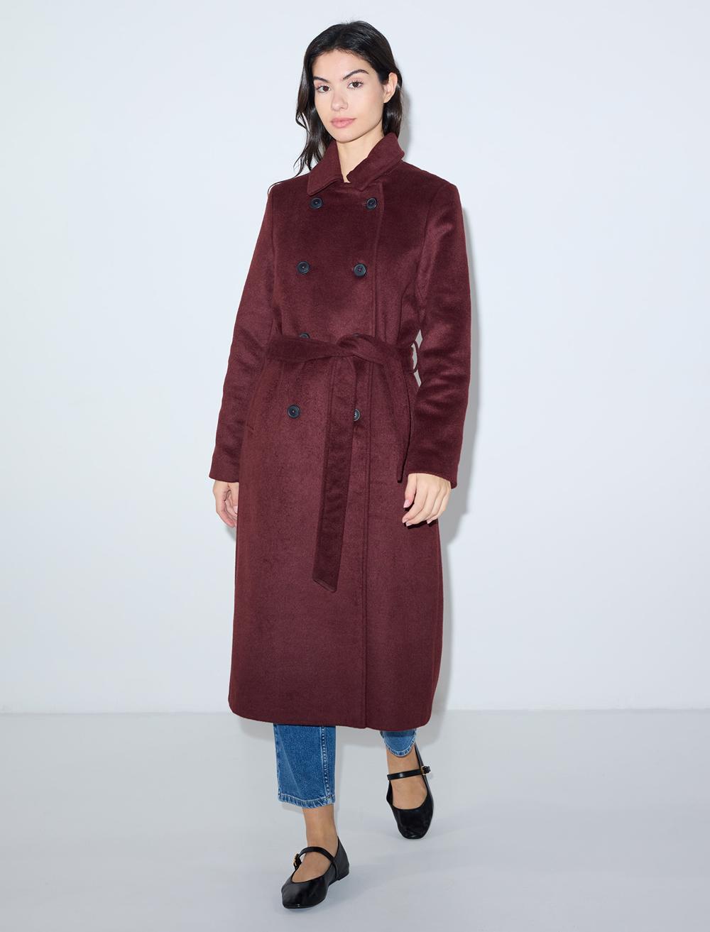 Kruvaze Yaka Kemer Detaylı Kaşe Kaban