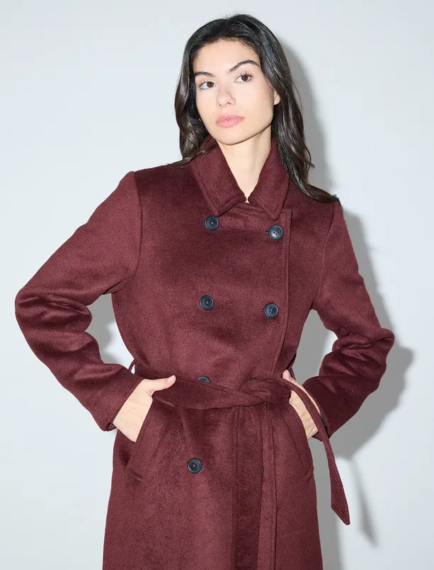 Bayan Bordo Kruvaze Yaka Kemer Detaylı Kaşe Kaban