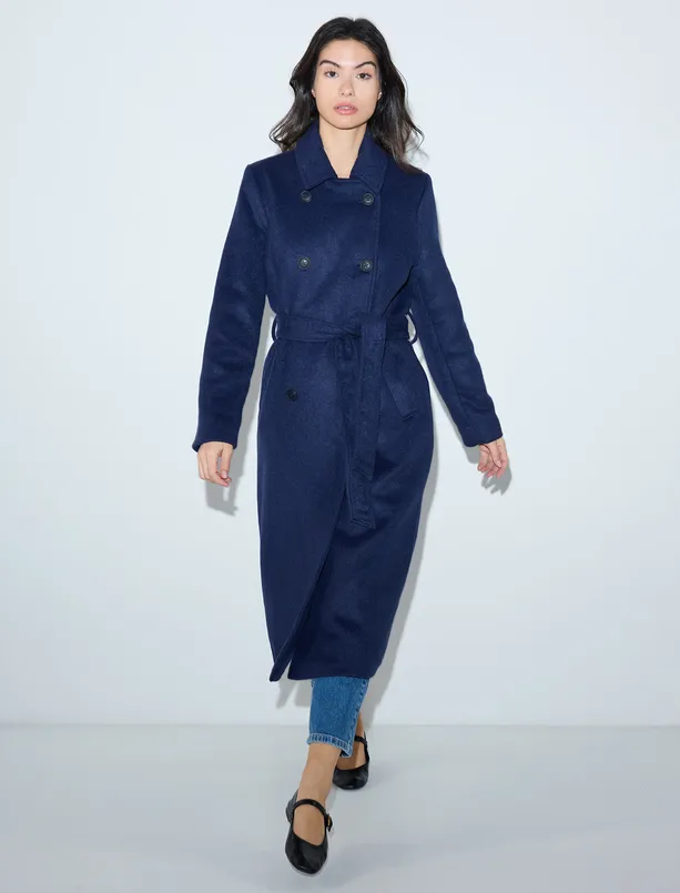 Women  Double-breasted Collar Belt Detailed Cashmere Coat