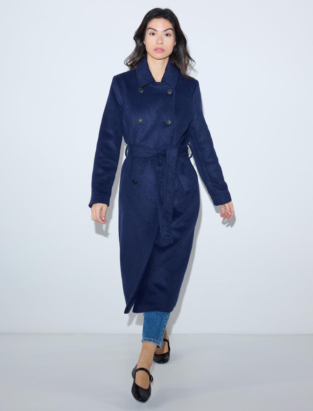 Kruvaze Yaka Kemer Detaylı Kaşe Kaban