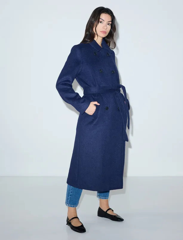 Bayan Lacivert Kruvaze Yaka Kemer Detaylı Kaşe Kaban